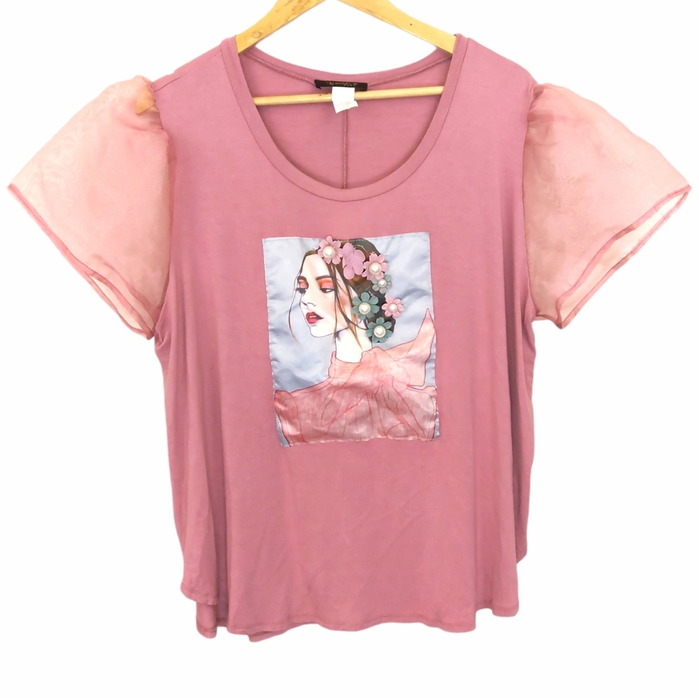 Vintage Queen Bees Pink Organza Sleeve Crew Top 2X